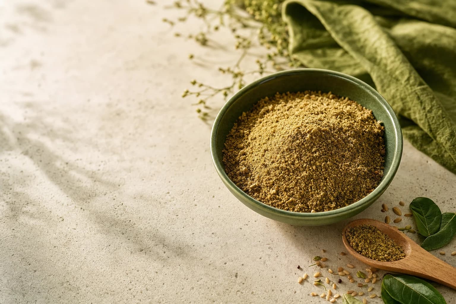 A small bowl of unbranded protein podi beside a wooden spoon