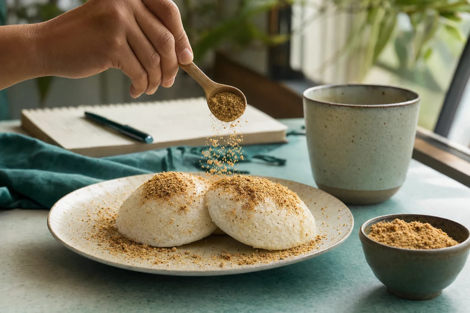 A hand sprinkling unbranded protein podi over idli at a breakfast table