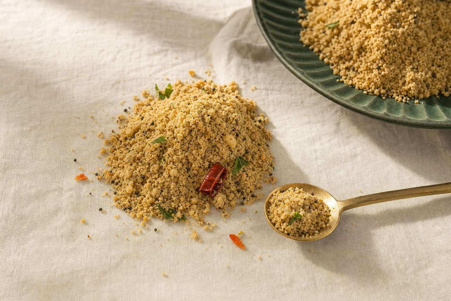 A spoonful of unbranded protein podi on pale linen beside a dark green dish